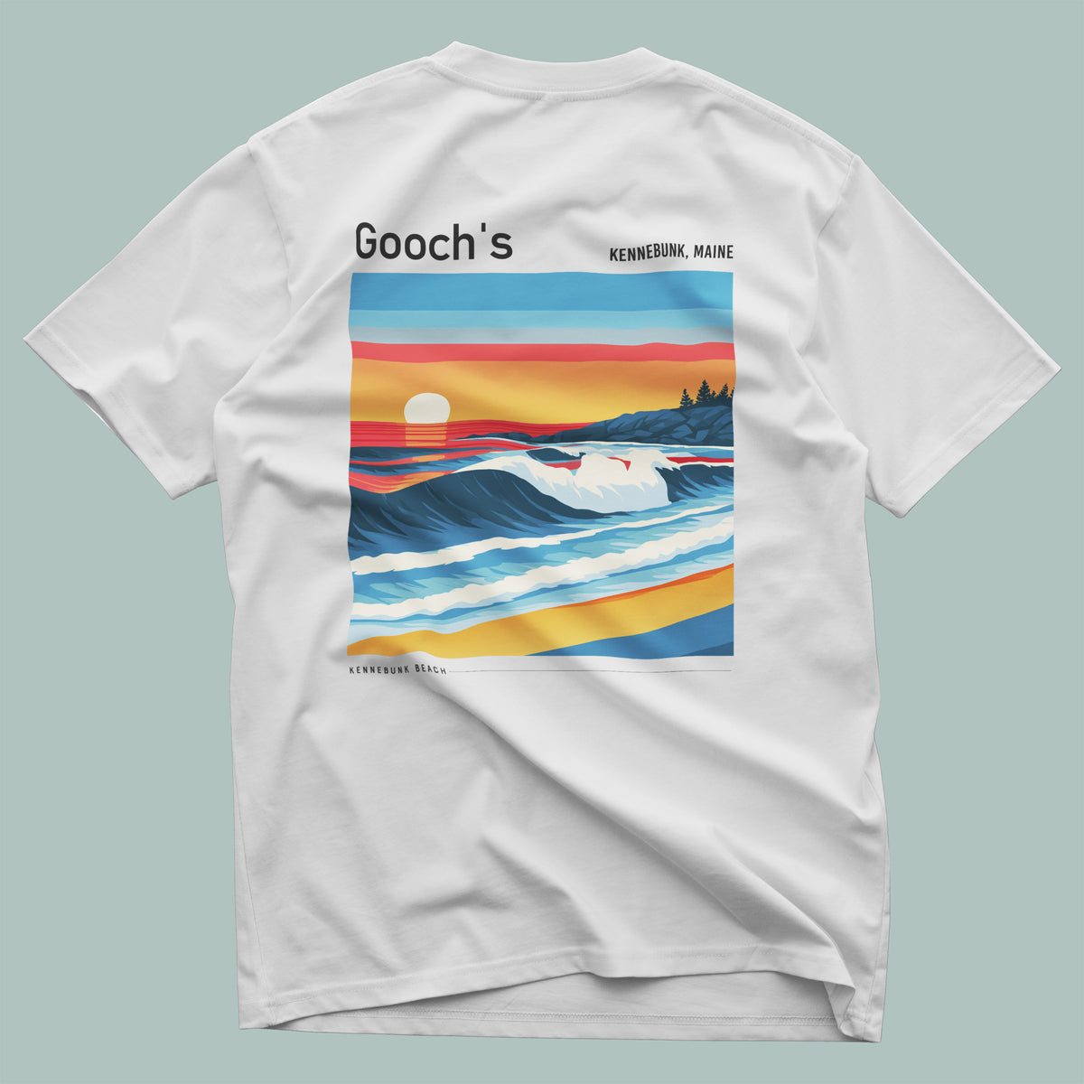 Gooch's Beach Surf T-Shirt | Maine Coast Wave Art Tee — design printed on the back of the t-shirt