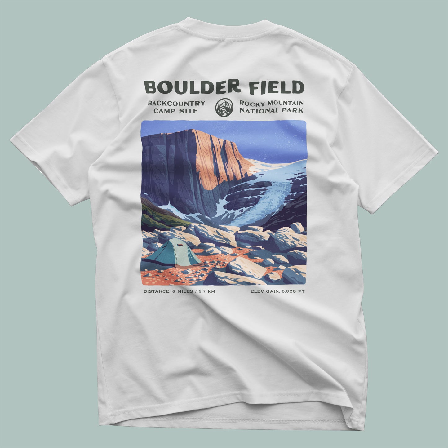 Boulder Field Hiking T-Shirt | Hiker Gift | Rocky Mountain Trail Tee — design printed on the back of the t-shirt