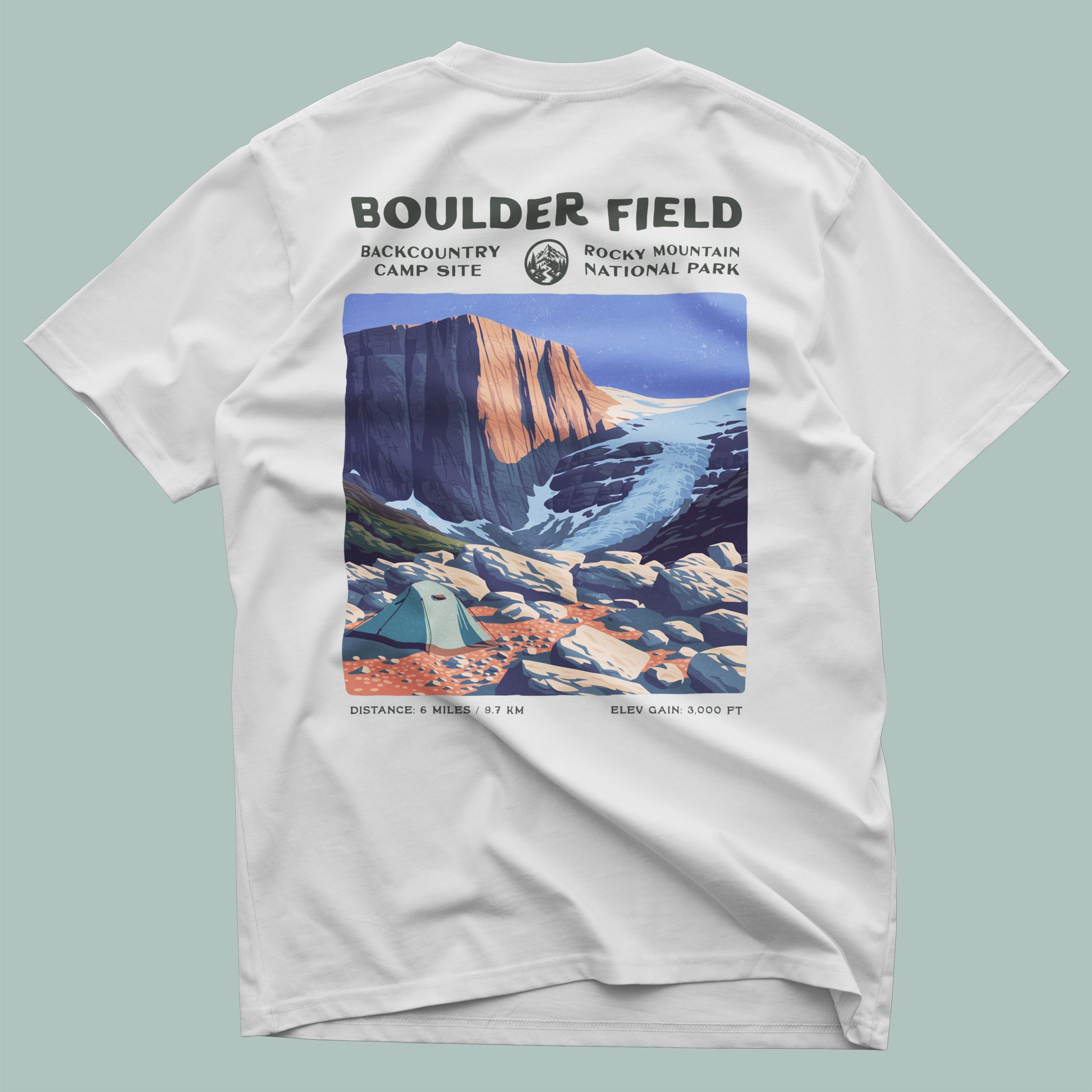 Boulder Field Hiking T-Shirt | Hiker Gift | Rocky Mountain Trail Tee — design printed on the back of the t-shirt