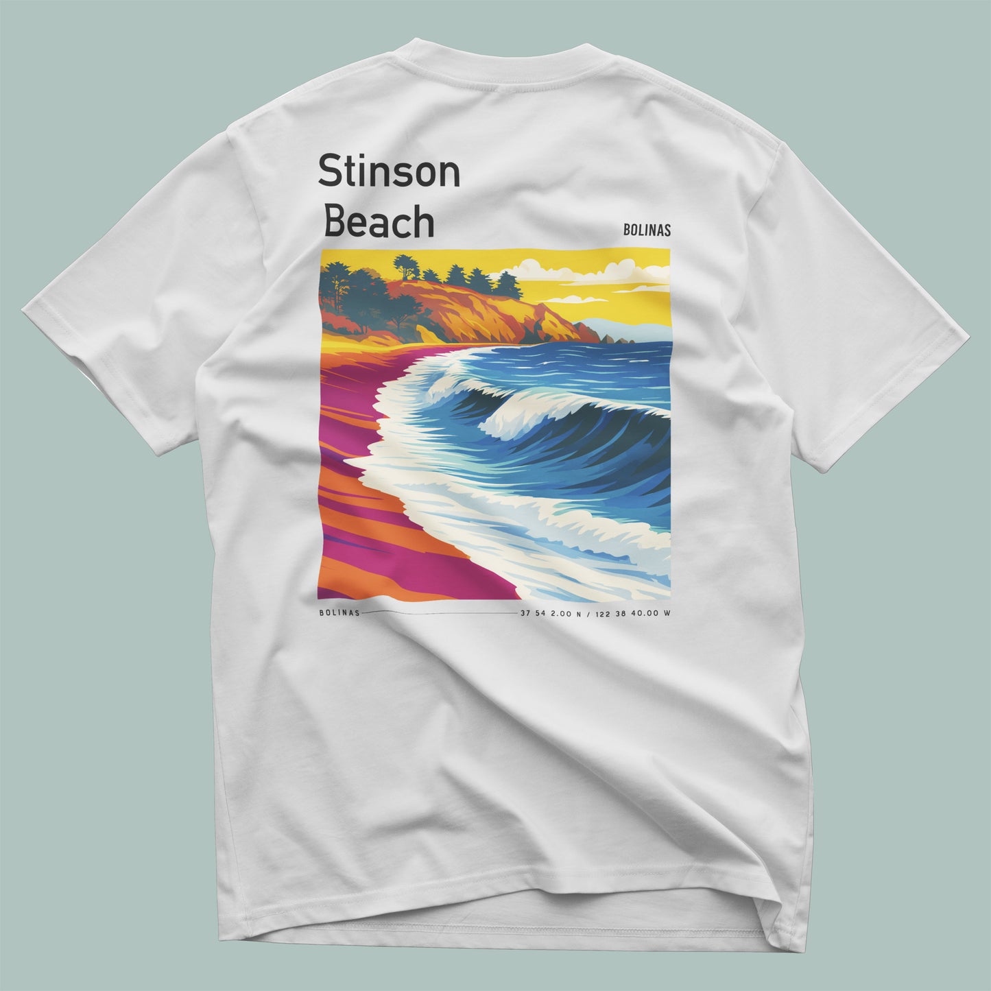 Stinson Beach Surf T-Shirt | Where the Redwoods Meet the Waves — design printed on the back of the t-shirt