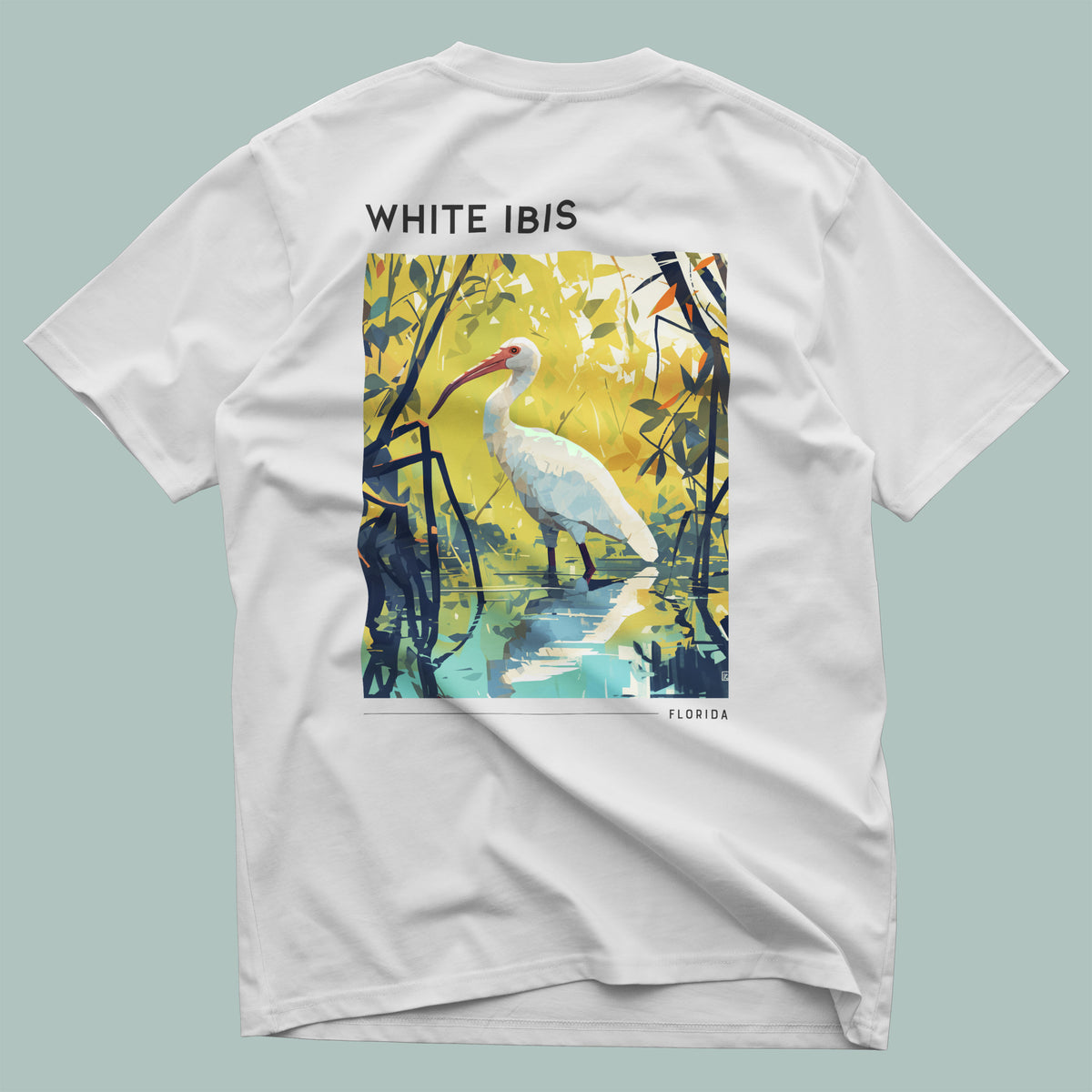 White Ibis Florida Travel T-Shirt | Coastal Bird Art Tee — design printed on the back of the t-shirt