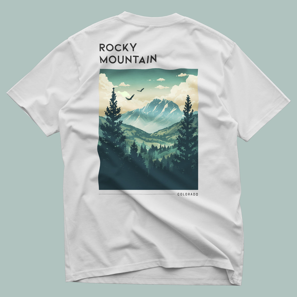 Rocky Mountain National Park Travel T-Shirt | Colorado Alpine Adventure Art Tee — design printed on the back of the t-shirt