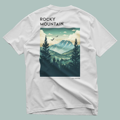 Rocky Mountain National Park Travel T-Shirt | Colorado Alpine Adventure Art Tee — design printed on the back of the t-shirt