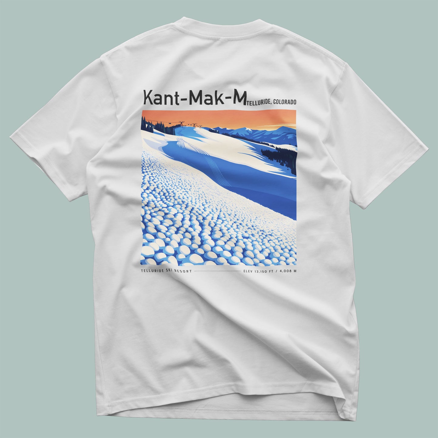 Kant-Mak-M Ski T-Shirt | Telluride Mountain Art Tee — design printed on the back of the t-shirt