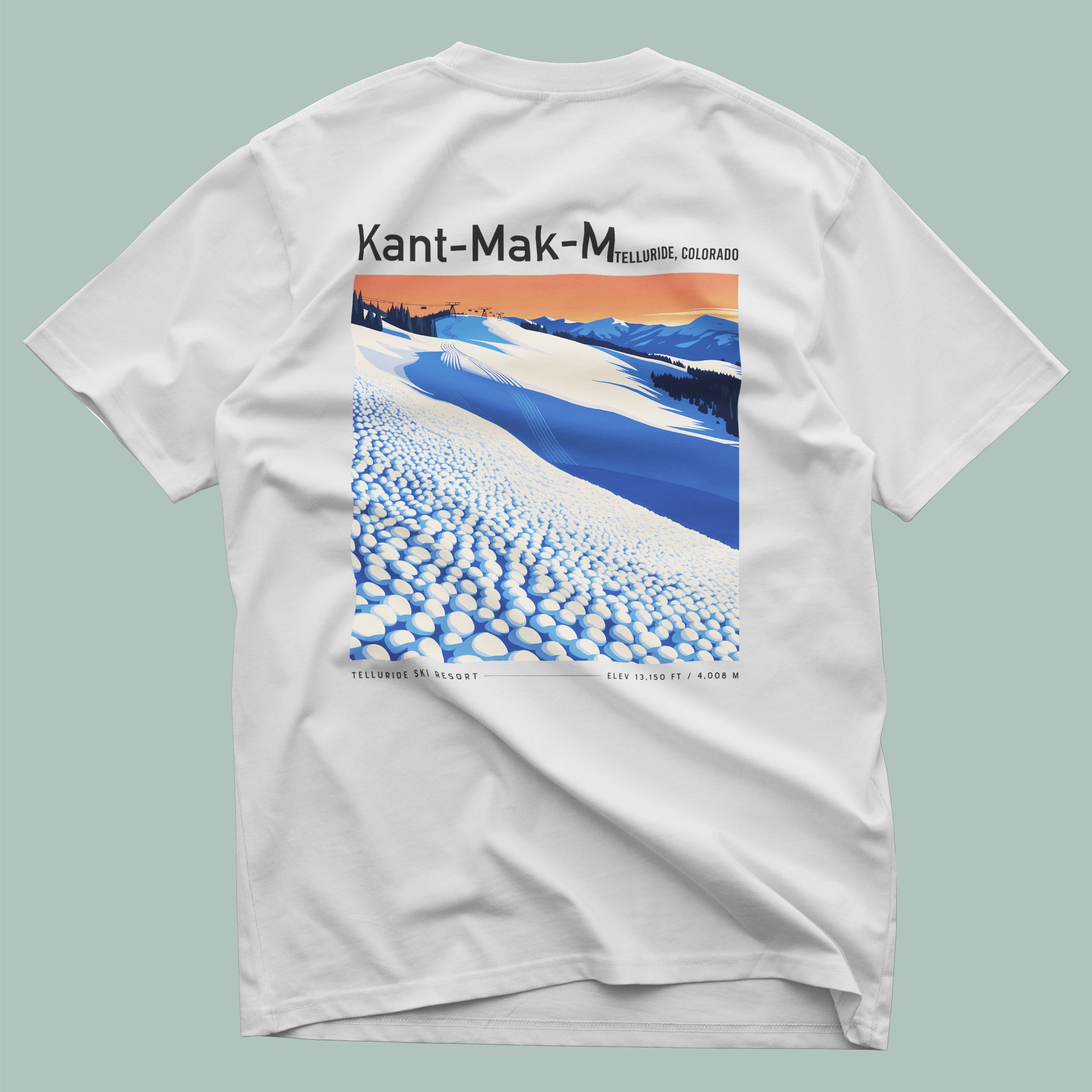 Kant-Mak-M Ski T-Shirt | Telluride Mountain Art Tee — design printed on the back of the t-shirt