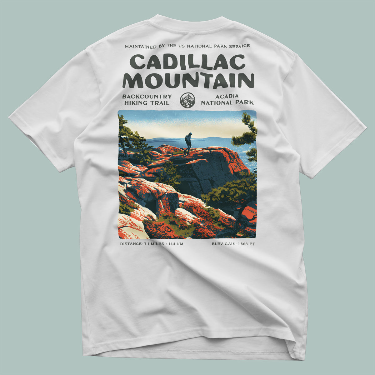 Cadillac Mountain South Ridge Hiking T-Shirt | Hiker Gift | Acadia Trail Tee — design printed on the back of the t-shirt