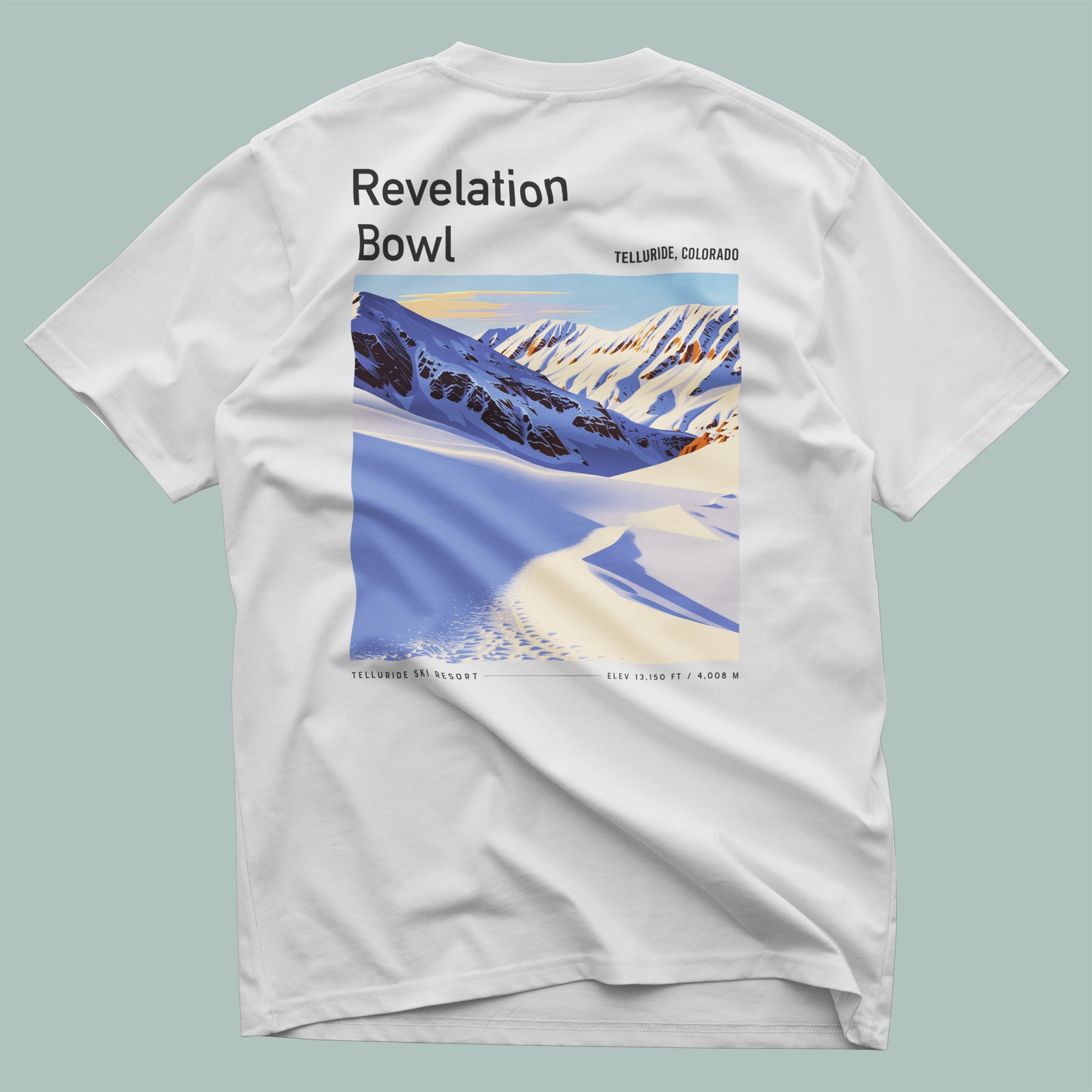 Revelation Bowl Ski T-Shirt | Telluride Mountain Art Tee — design printed on the back of the t-shirt