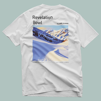 Revelation Bowl Ski T-Shirt | Telluride Mountain Art Tee — design printed on the back of the t-shirt