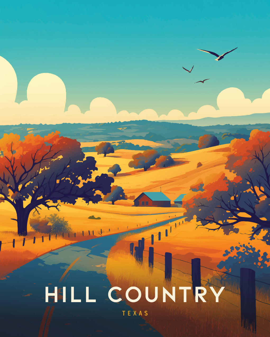 Illustrated landscape of Texas Hill Country featuring rolling hills, vibrant autumn trees, and a winding road leading to a farmhouse. Birds fly under a bright, cloud-dotted sky.