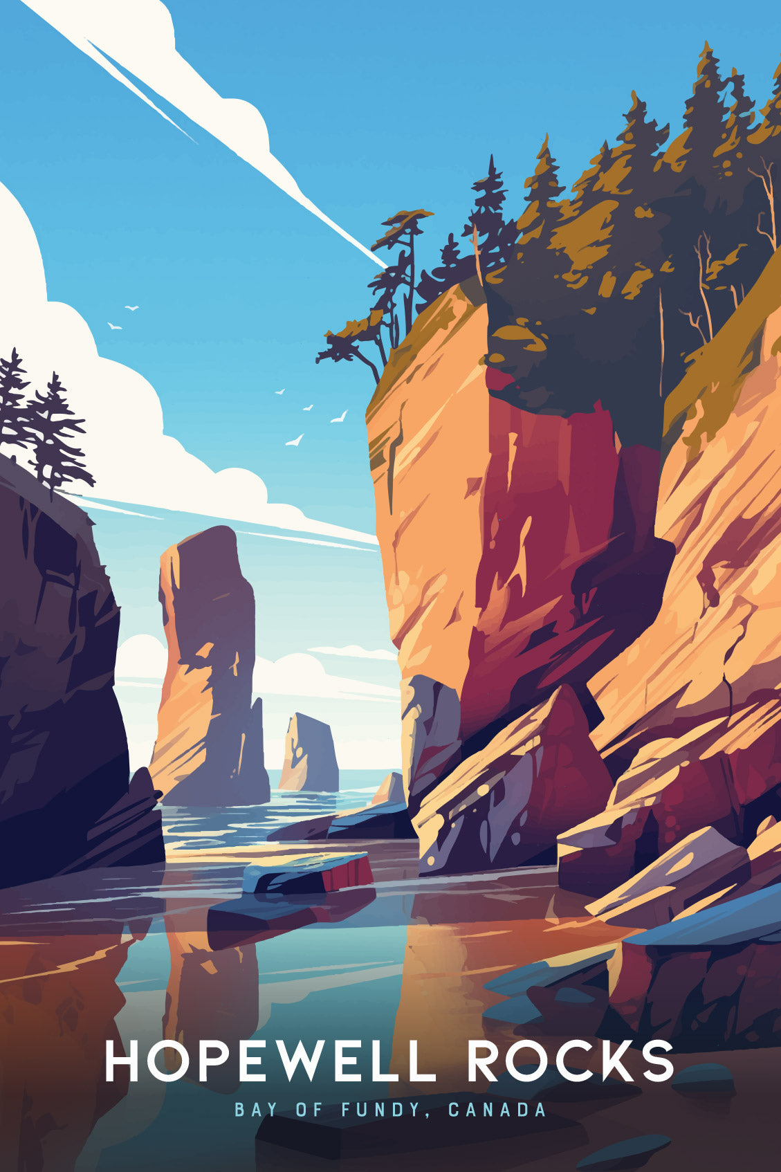Illustration of Hopewell Rocks featuring towering cliffs and sea stacks under a bright blue sky. Trees top the cliffs, and water reflects the vibrant colors.