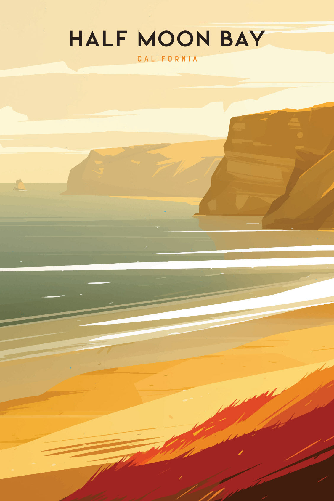 Illustrated poster of Half Moon Bay, California, featuring golden cliffs, a serene beach, and calm ocean waves under a soft, warm sky. The art captures a tranquil coastal vibe.
