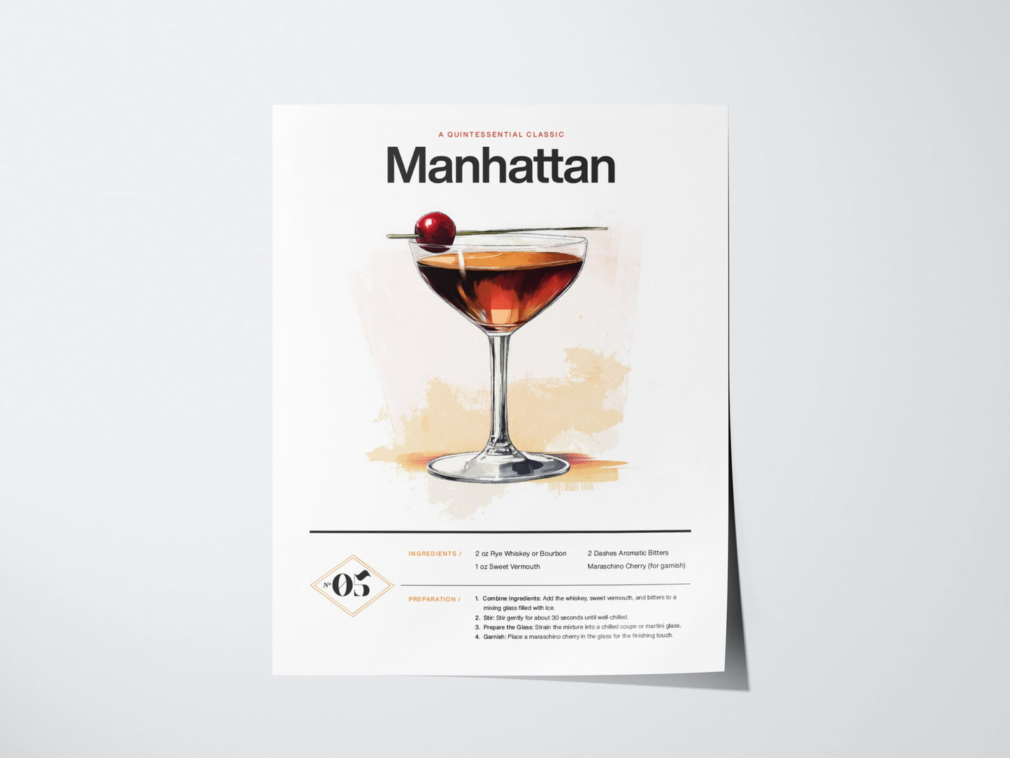 Manhattan Cocktail Framed Poster | Classic Whiskey and Vermouth Recipe Art | Minimalist Bar Decor | Manhattan Lover Gift | Home Bar Design