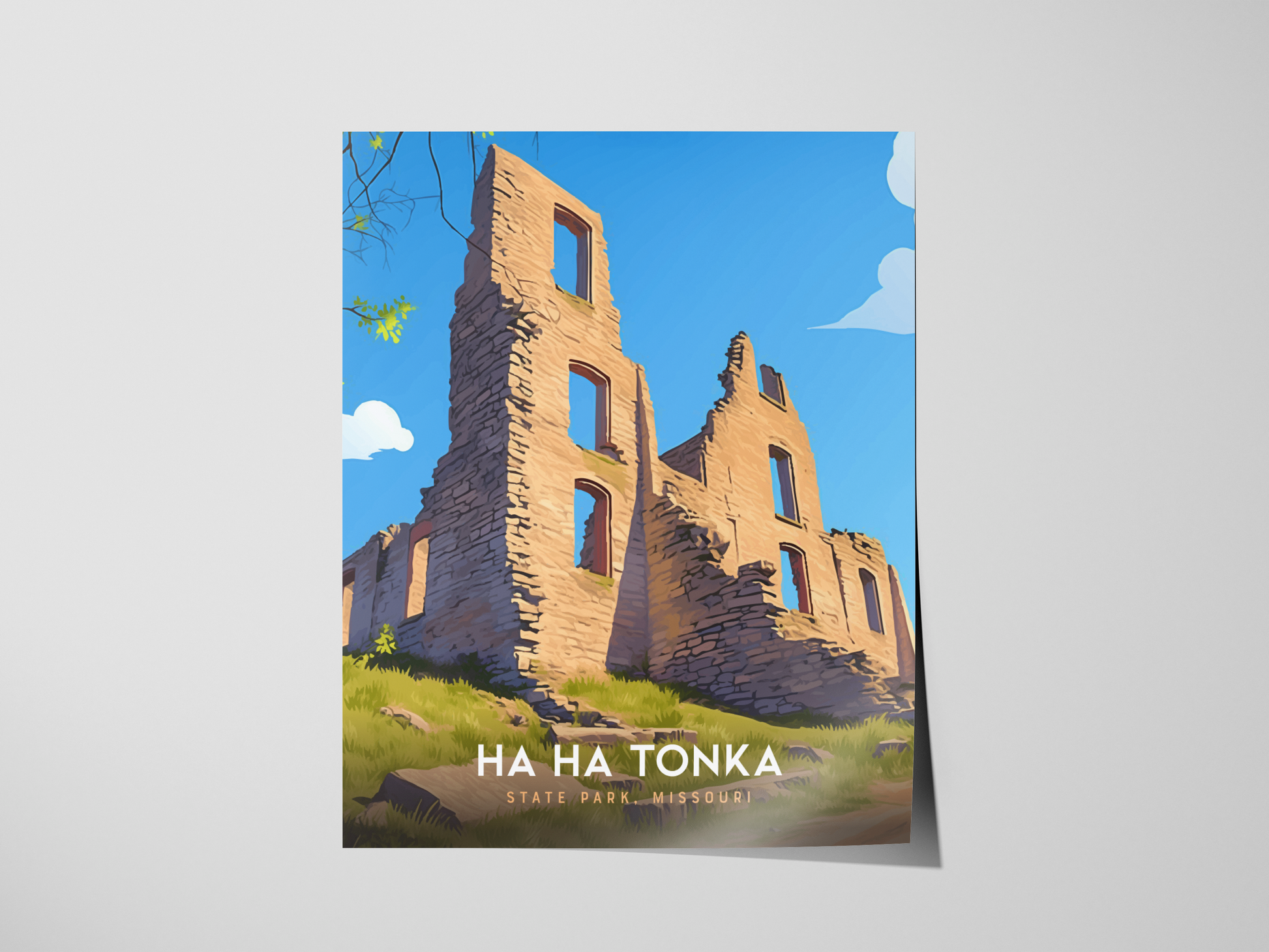 Illustrated poster of Ha Ha Tonka State Park, Missouri, featuring a sunlit stone castle ruin against a bright blue sky with fluffy clouds, and lush greenery in the foreground.