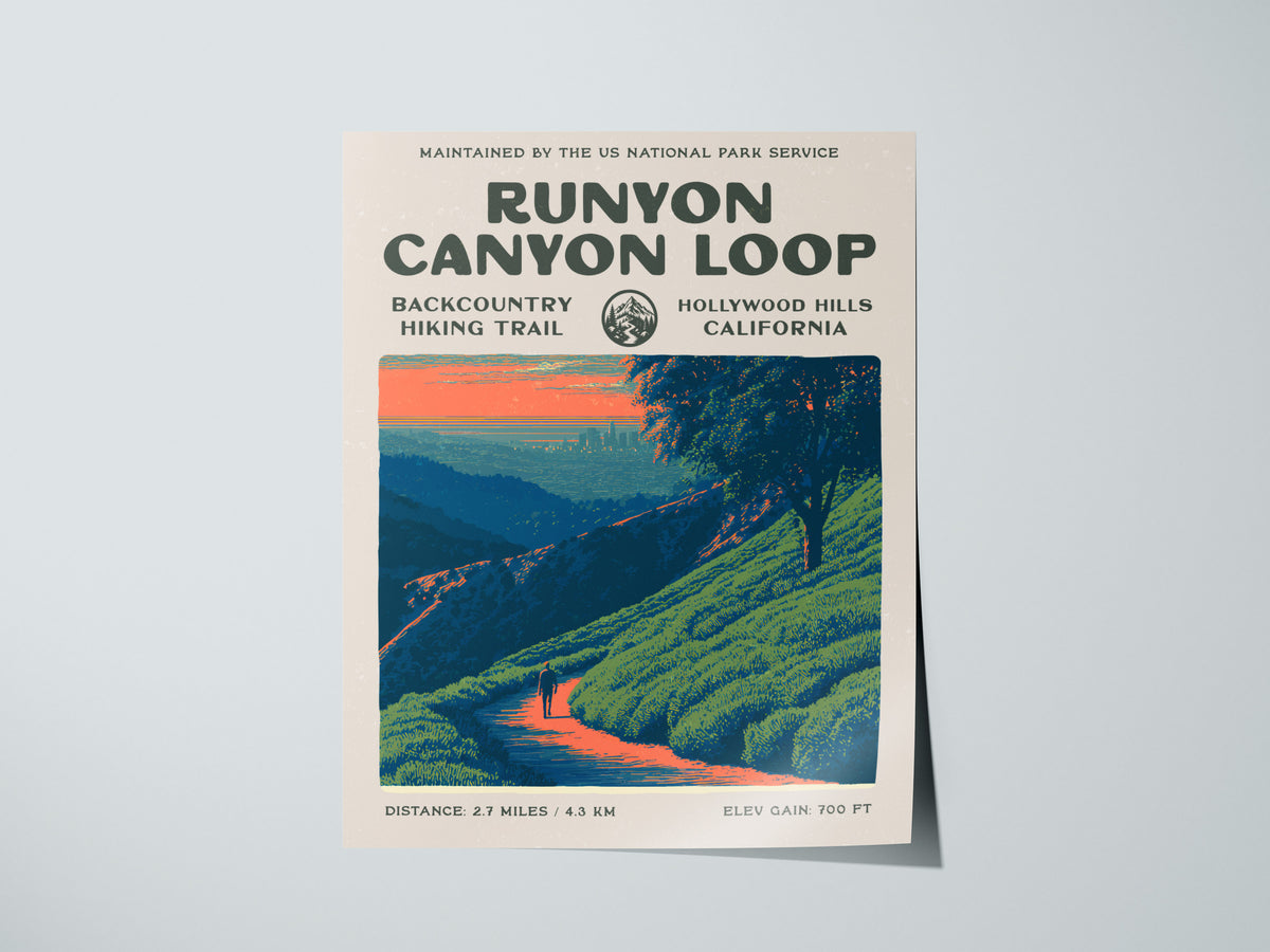 Runyon Canyon Loop, Hollywood Hills, California Poster | Hiker Gift | Bold Backcountry Block Print Wall Art — giclée print de