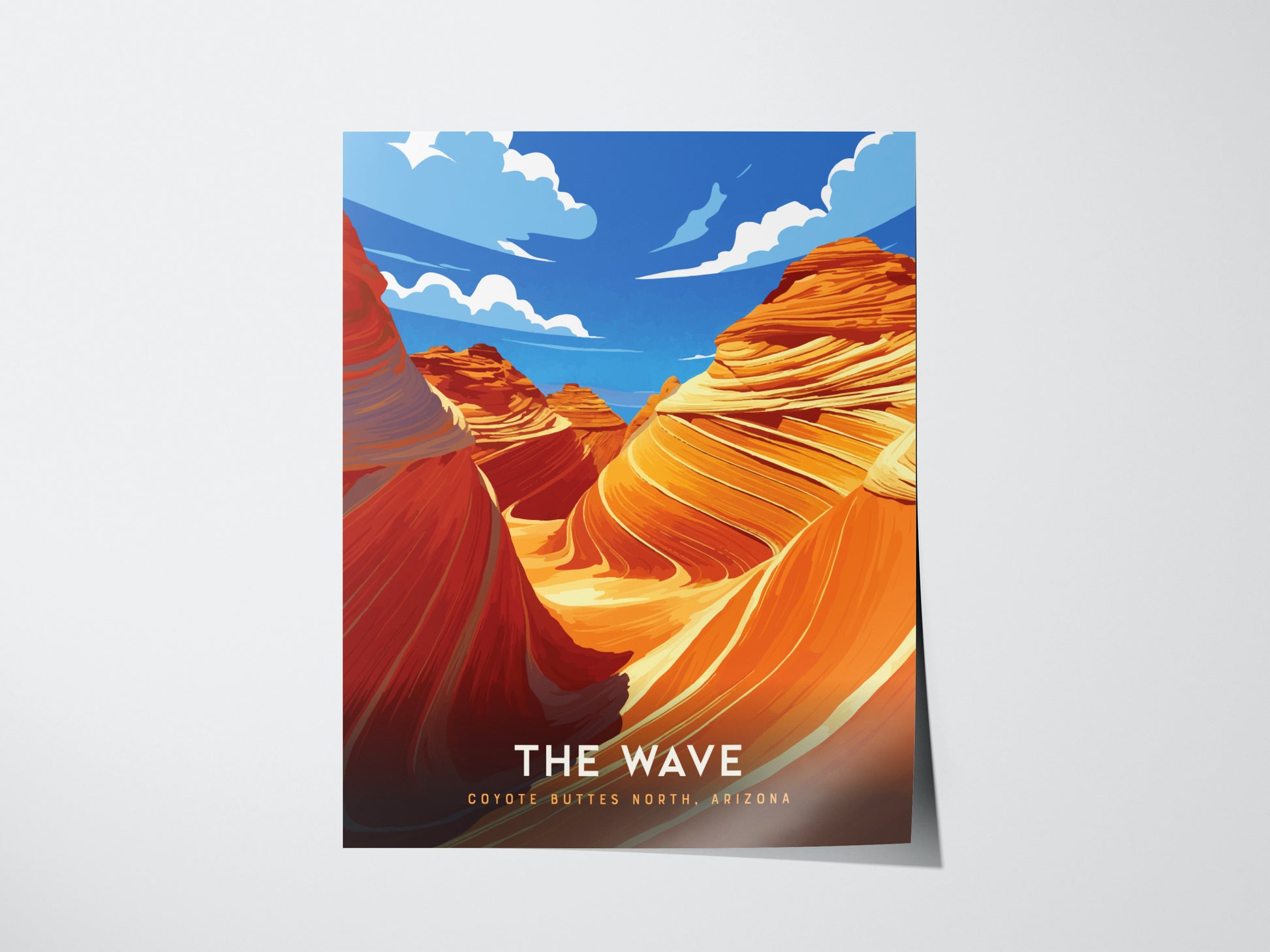 A vibrant poster of The Wave at Coyote Buttes, Arizona, showcasing swirling orange sandstone formations under a bright blue sky with white clouds.