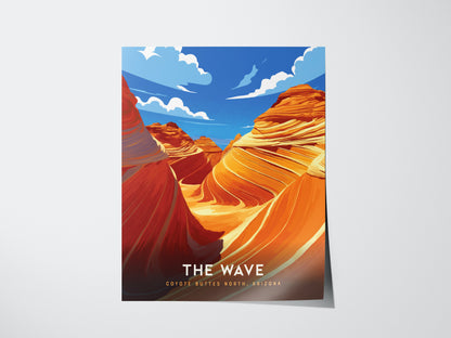 A vibrant poster of The Wave at Coyote Buttes, Arizona, showcasing swirling orange sandstone formations under a bright blue sky with white clouds.