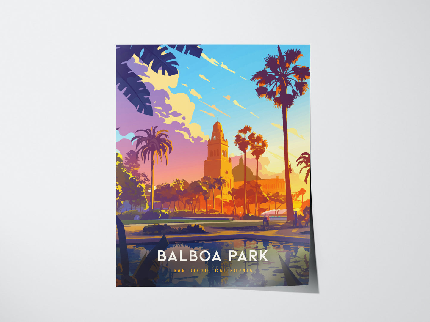 Colorful illustration of Balboa Park in San Diego, featuring palm trees, a reflecting pool, and Spanish Colonial architecture against a vibrant sunset sky. Text reads Balboa Park San Diego, California.