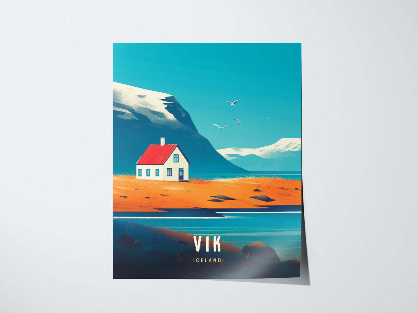Illustration of a white house with a red roof on an orange field, set against a mountainous backdrop with blue skies and flying birds. Text reads Vik Iceland.