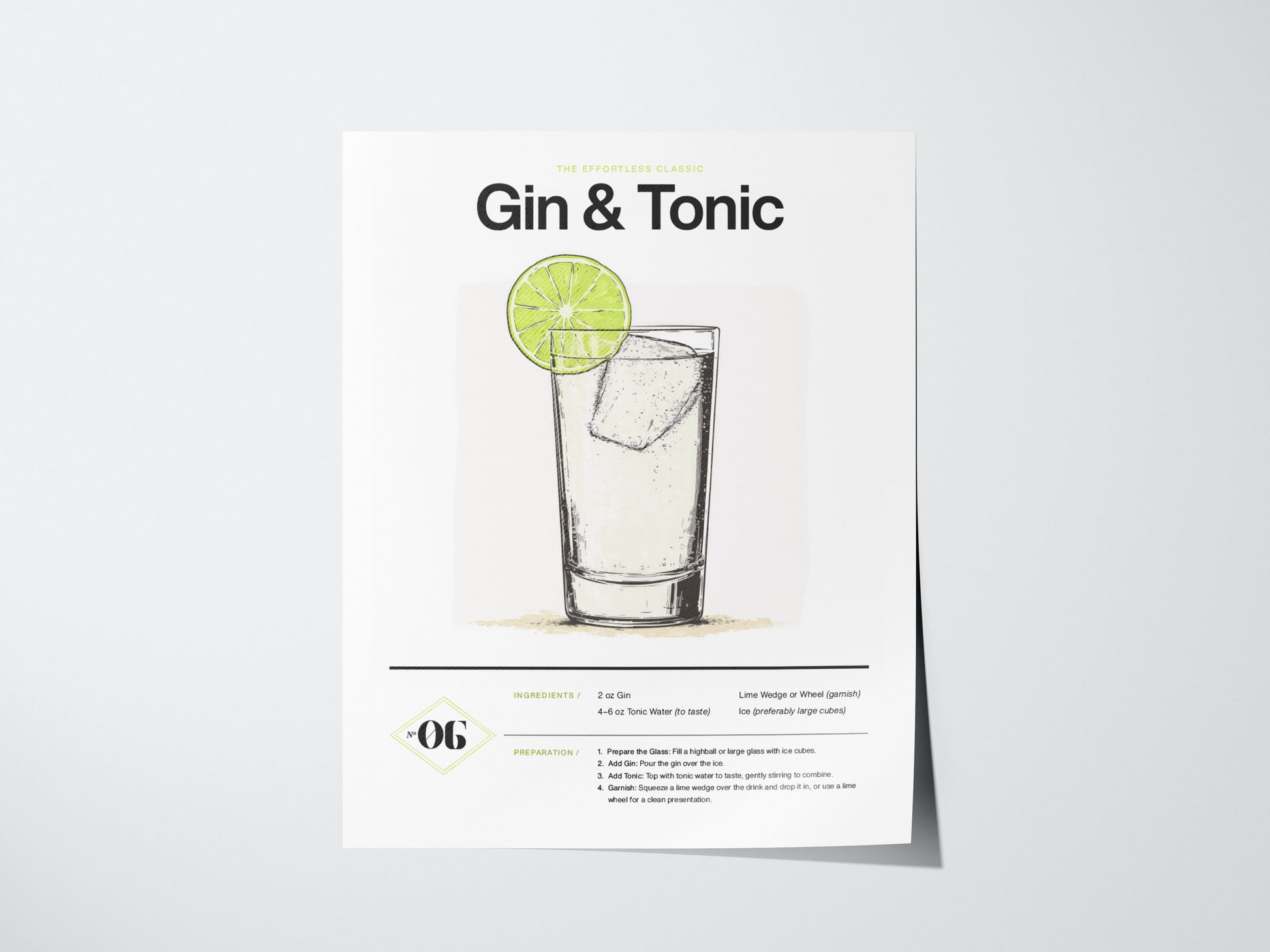 A minimalist poster features a detailed gin and tonic illustration with a lime wedge. Below, the ingredients and preparation steps are elegantly listed, enhancing its modern design.