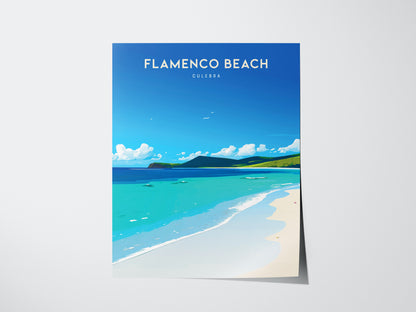 Poster of Flamenco Beach in Culebra, Puerto Rico, featuring turquoise waters, white sand, and a lush green backdrop under a clear blue sky with fluffy clouds.