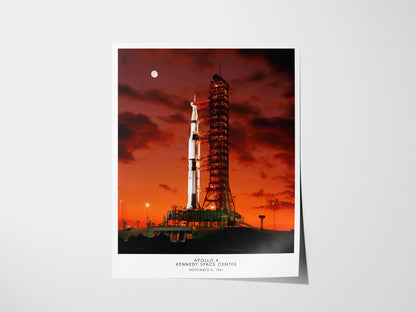 Apollo 4 launch poster featuring Saturn V rocket lifting off from Kennedy Space Center in 1967