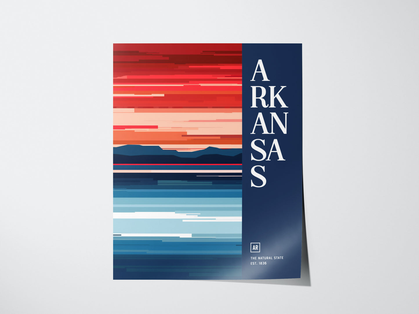 A minimalist Arkansas poster features abstract horizontal stripes in red, orange, and blue tones, with bold white text on a dark blue vertical strip.
