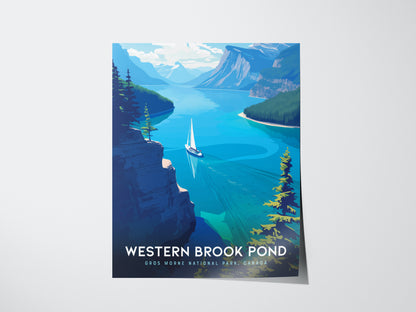 Illustrated poster of Western Brook Pond in Gros Morne National Park, featuring a sailboat on turquoise waters surrounded by towering cliffs and lush green forests. Text reads Western Brook Pond.