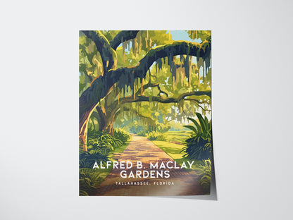 Illustrated poster of Alfred B. Maclay Gardens, Tallahassee, Florida, showcasing moss-draped live oak trees framing a winding brick path under a clear sky.
