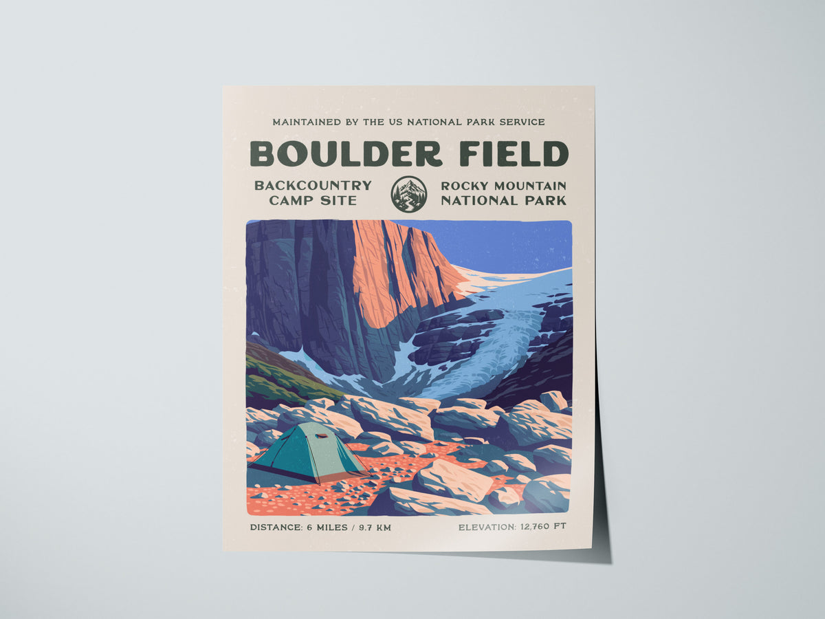 Boulder Field, Rocky Mountain National Park Poster | Hiker Gift | Alpine Wilderness Block Print Wall Art — giclée print detai