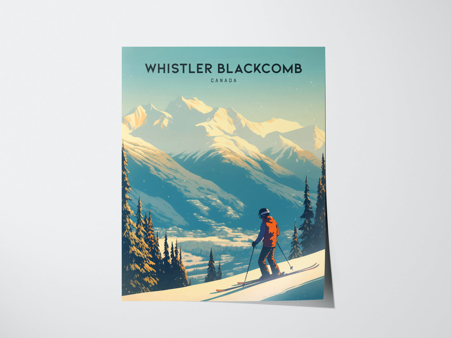 A skier in a red jacket descends a snowy slope with evergreen trees and majestic mountain peaks in the background, under clear skies. The text reads Whistler Blackcomb Canada.