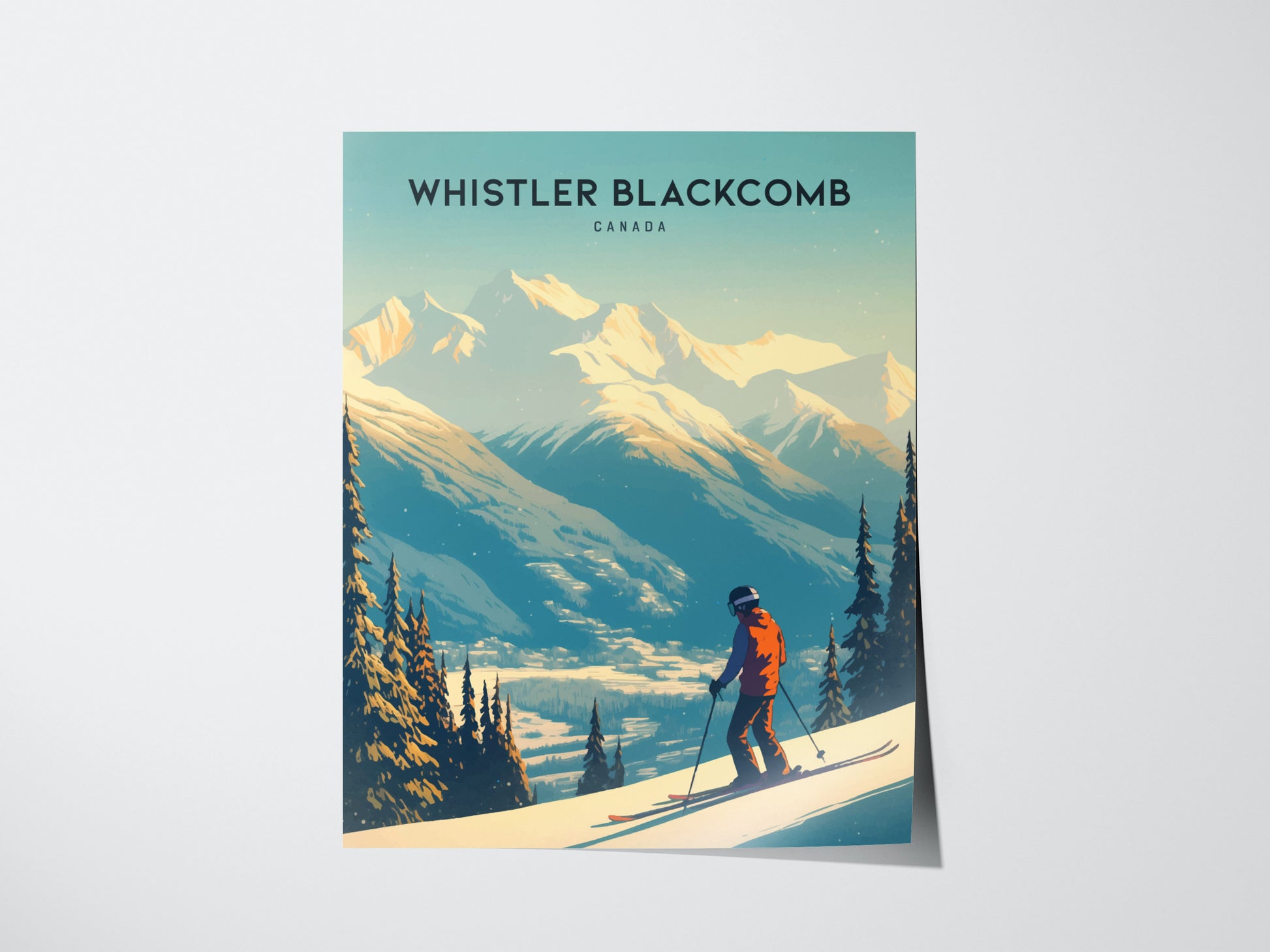 A skier in a red jacket descends a snowy slope with evergreen trees and majestic mountain peaks in the background, under clear skies. The text reads Whistler Blackcomb Canada.