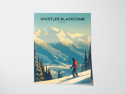 A skier in a red jacket descends a snowy slope with evergreen trees and majestic mountain peaks in the background, under clear skies. The text reads Whistler Blackcomb Canada.