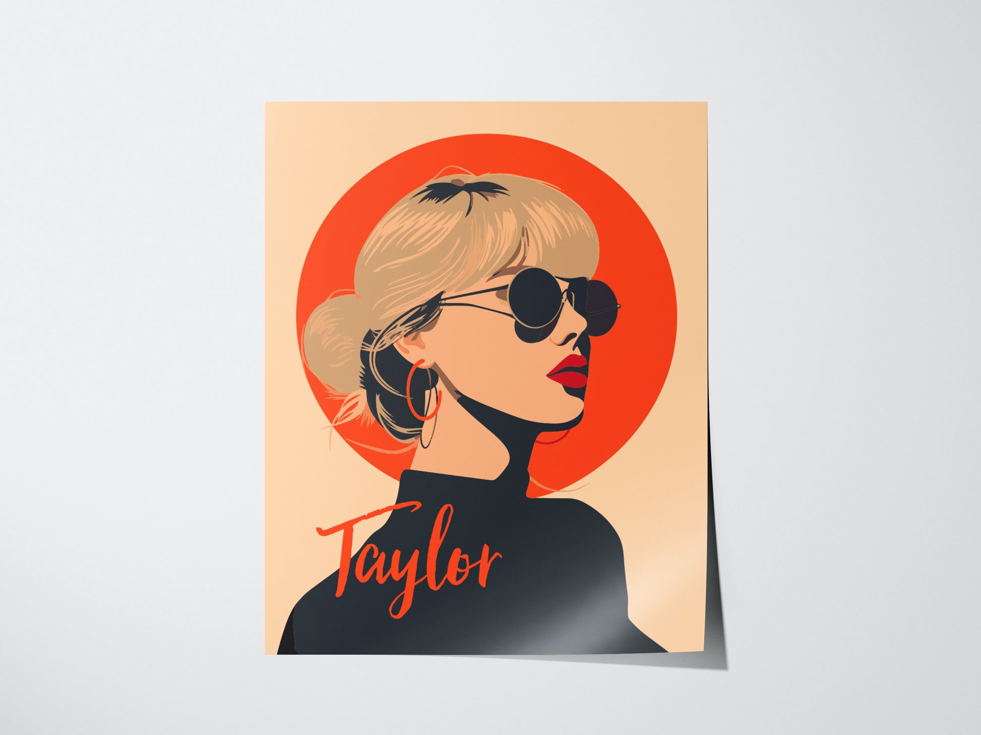 A minimalistic poster features a woman with blonde hair in a bun, wearing sunglasses and hoop earrings against a bright orange circle, with Taylor written in bold script.