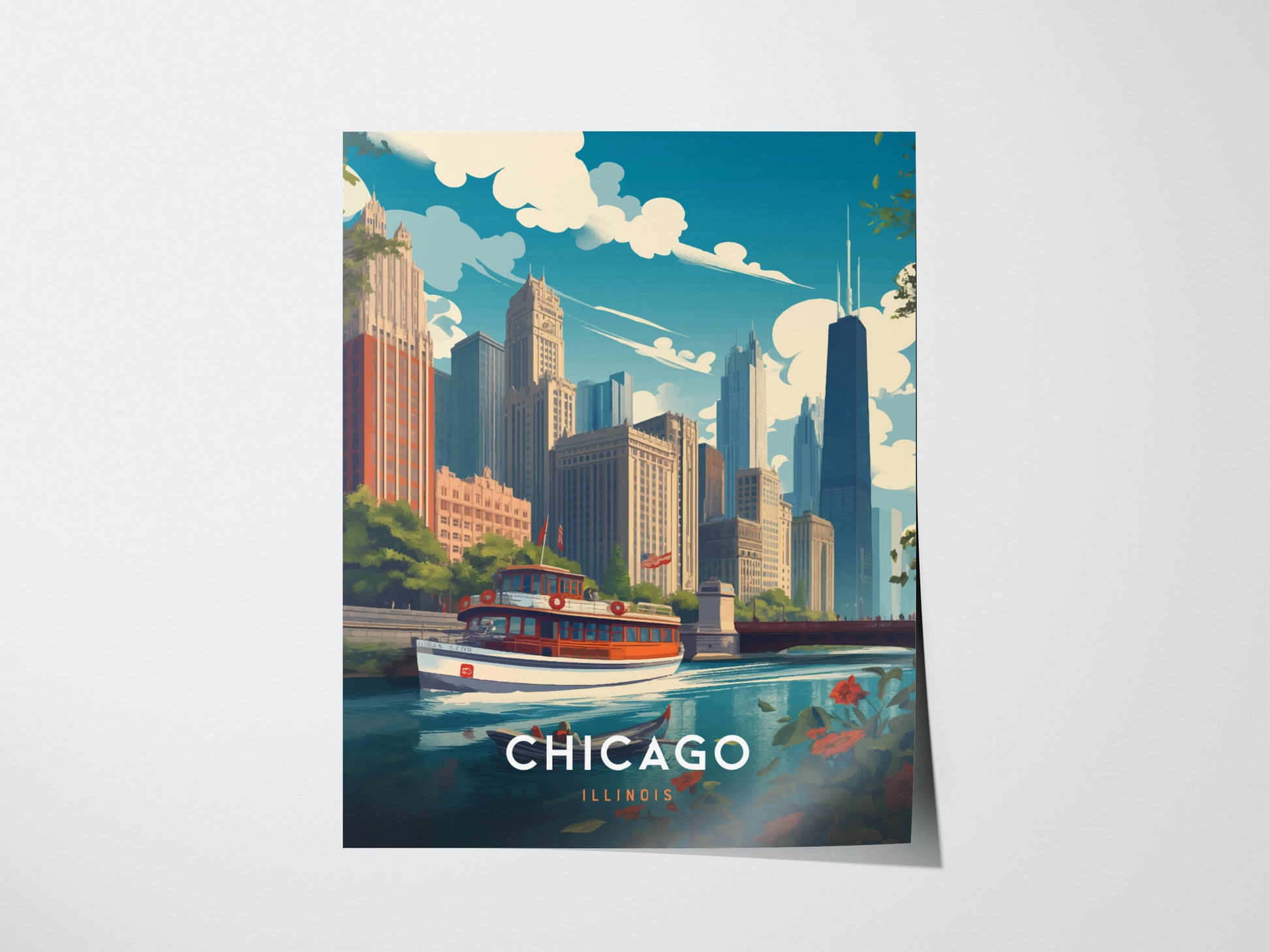 Illustrated poster of Chicagos skyline featuring iconic skyscrapers and a boat on the river, with lush greenery and vibrant clouds above. Text reads CHICAGO ILLINOIS at the bottom.
