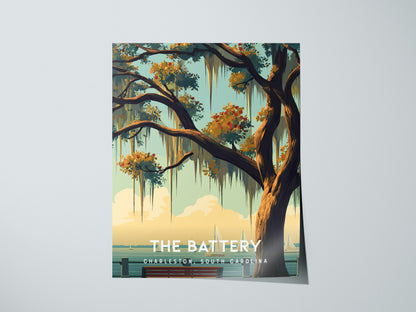 The Battery, Charleston, South Carolina Poster | Historic Waterfront Promenade Travel Wall Art — giclée print detail on matte