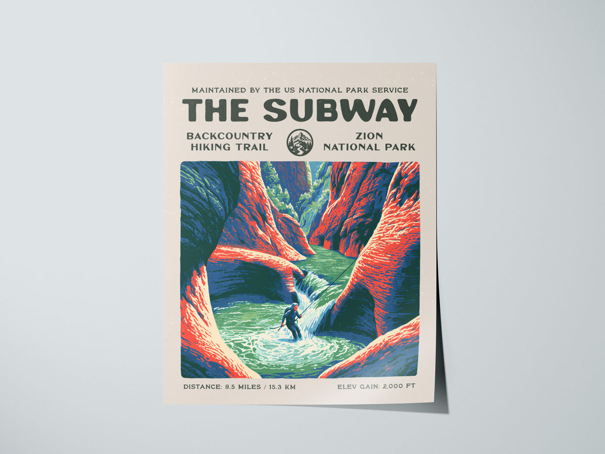The Subway, Zion National Park Poster | Hiker Gift | Backcountry Canyon Trail Wall Art — giclée print detail on matte paper