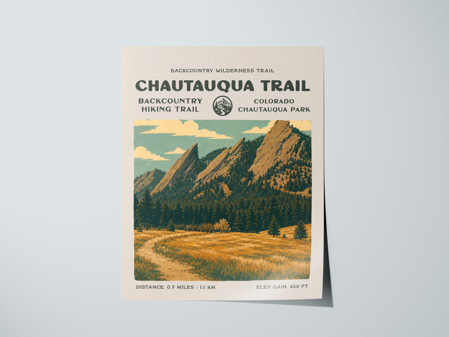 Chautauqua Trail, Boulder Poster | Hiker Gift | Flatirons Backcountry Block Print Wall Art — giclée print detail on matte pap