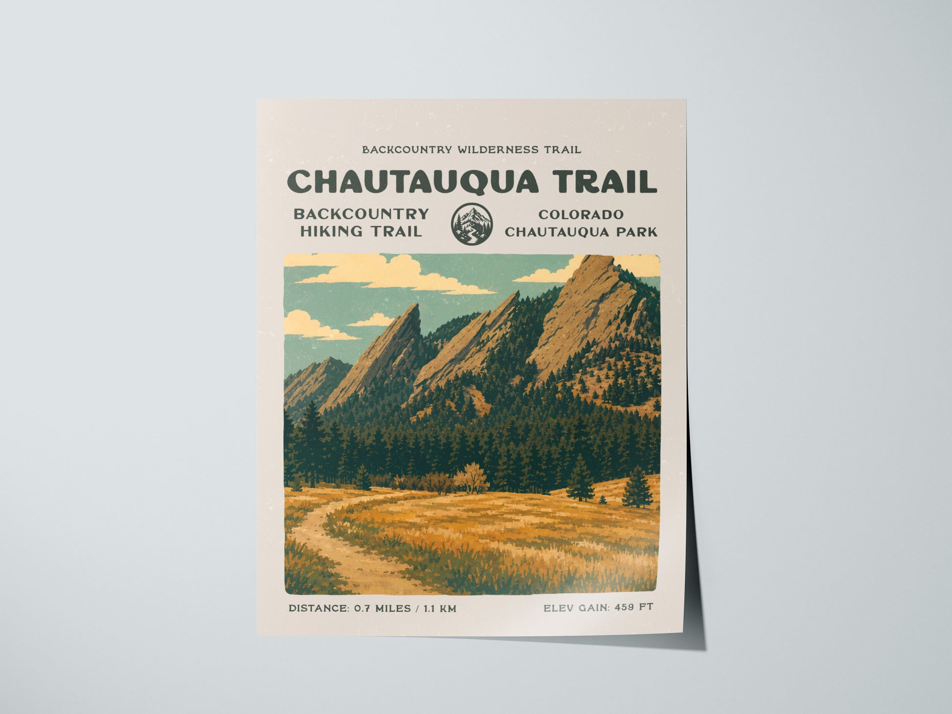 Chautauqua Trail, Boulder Poster | Hiker Gift | Flatirons Backcountry Block Print Wall Art — giclée print detail on matte pap