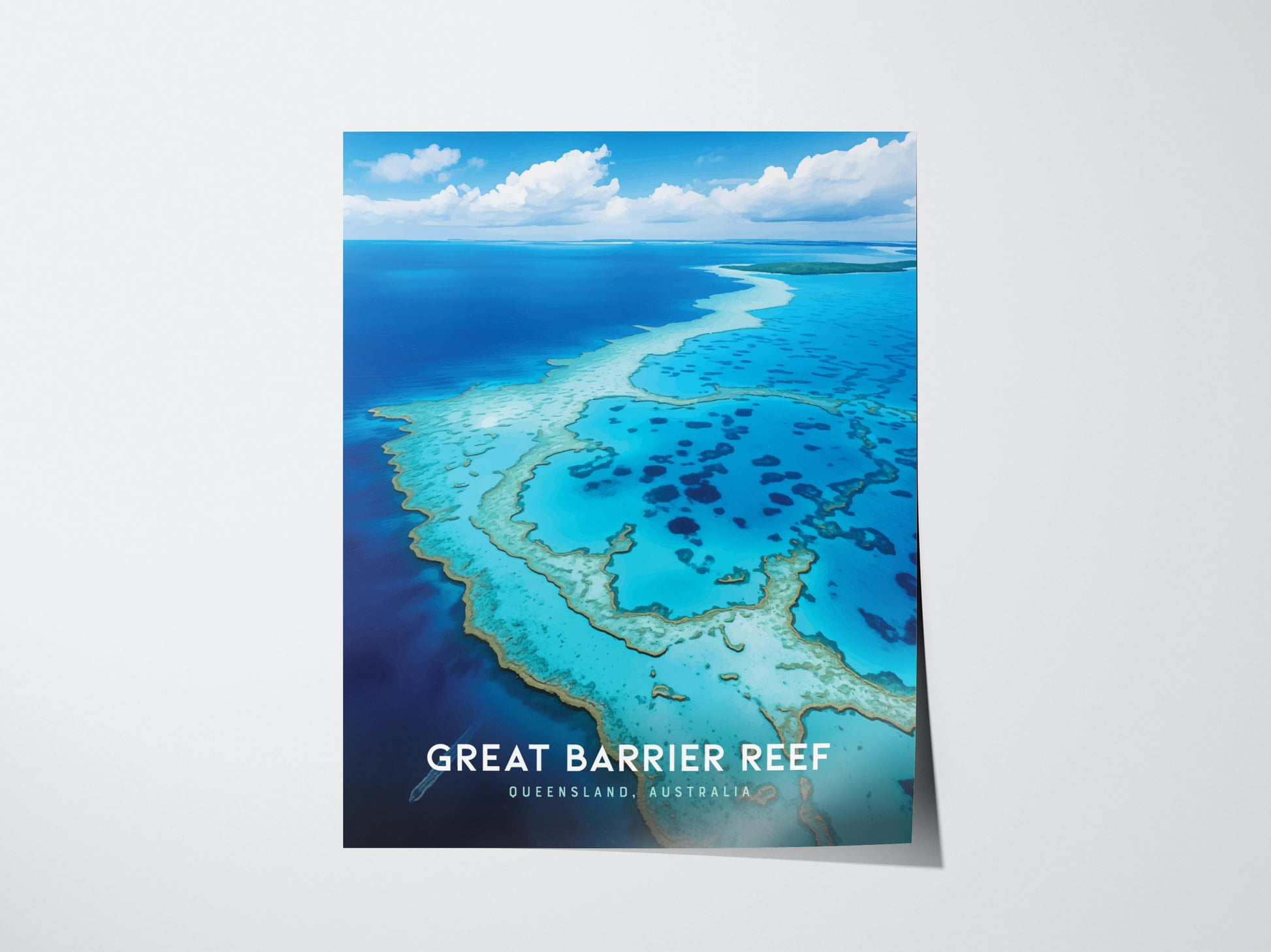 A vibrant poster of the Great Barrier Reef, featuring turquoise waters and intricate coral formations under a bright blue sky. Text reads Great Barrier Reef, Queensland, Australia.