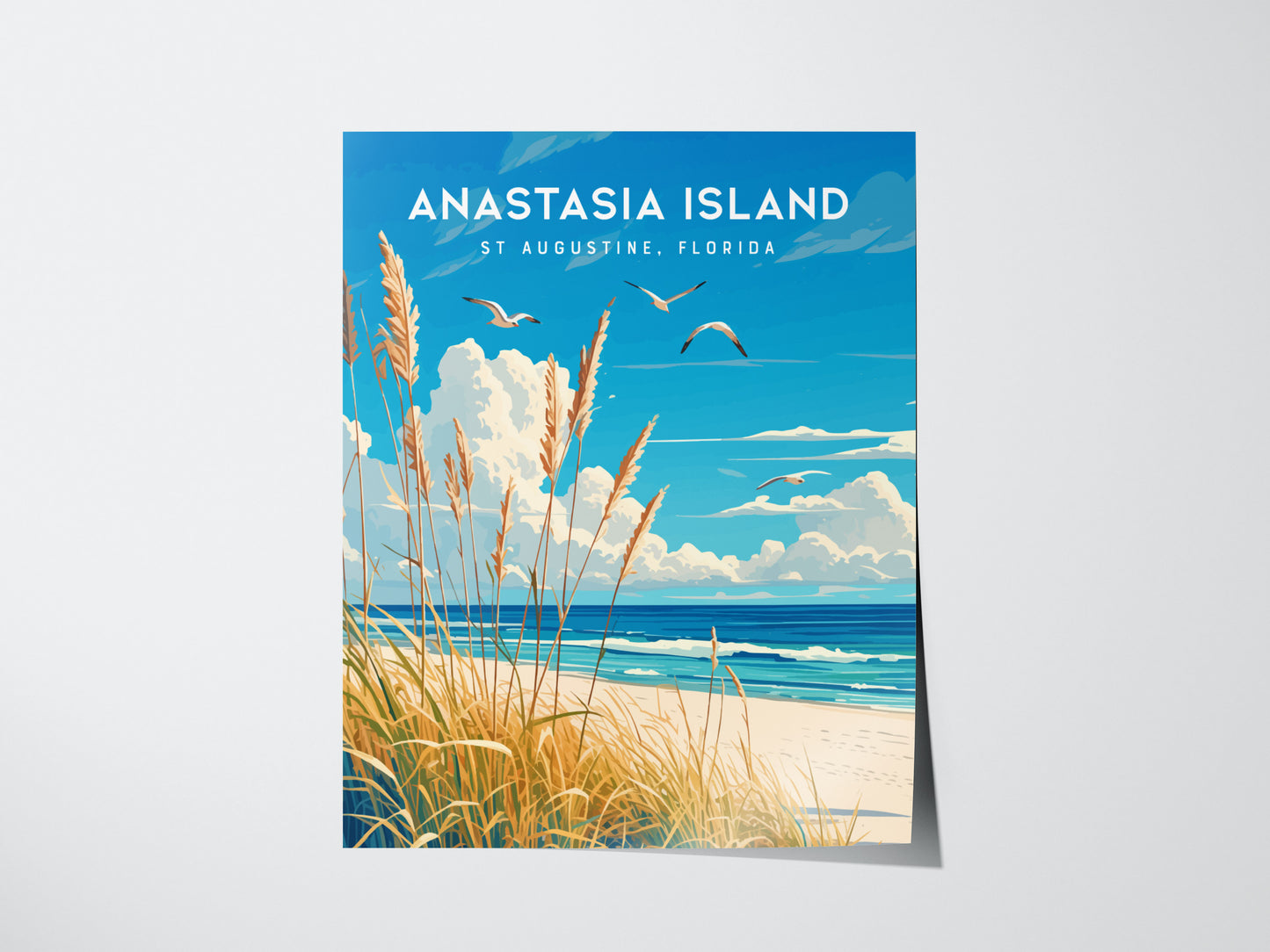 Illustrated poster of Anastasia Island, St. Augustine, Florida, featuring sea oats on dunes, waves rolling in, and seabirds soaring against a bright blue sky with fluffy clouds.