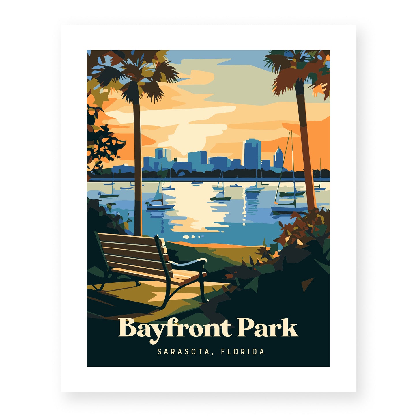Illustrated poster of Bayfront Park in Sarasota, Florida, depicting a peaceful scene with a bench overlooking the bay. Sailboats gently float on the water against a backdrop of the city skyline at sunset, framed by palm trees.