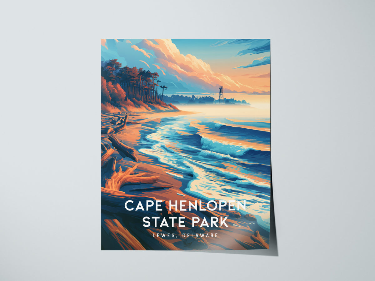 Cape Henlopen State Park, Lewes, Delaware Poster | Dunes & Lighthouse Coastal Beach Decor — giclée print detail on matte pape