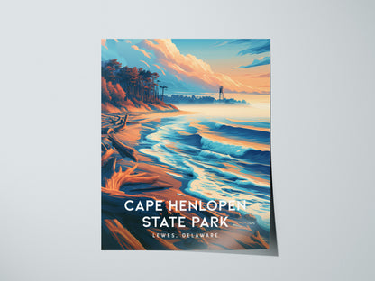 Cape Henlopen State Park, Lewes, Delaware Poster | Dunes & Lighthouse Coastal Beach Decor — giclée print detail on matte pape