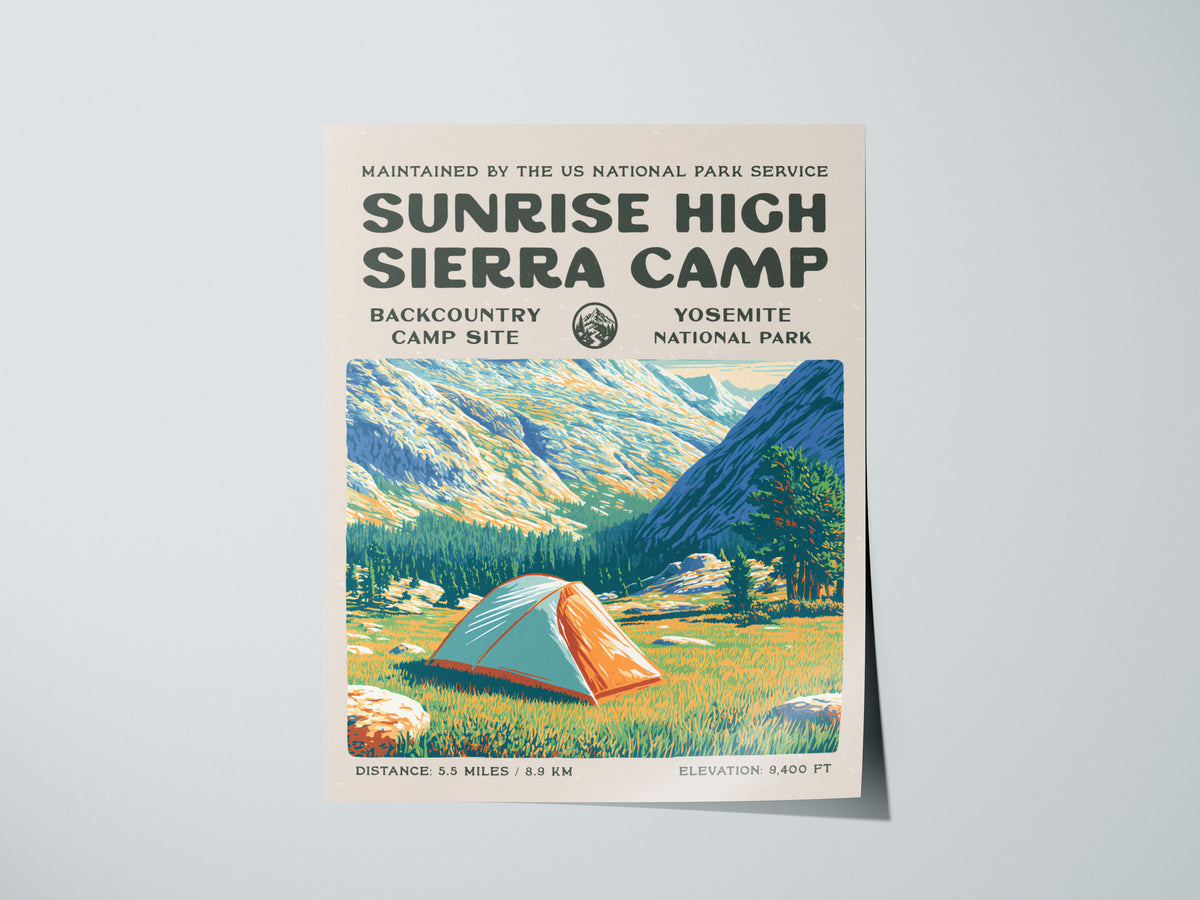 Sunrise High Sierra Camp, Yosemite National Park Poster | Backpacker Gift | Backcountry Trail Wall Art — giclée print detail