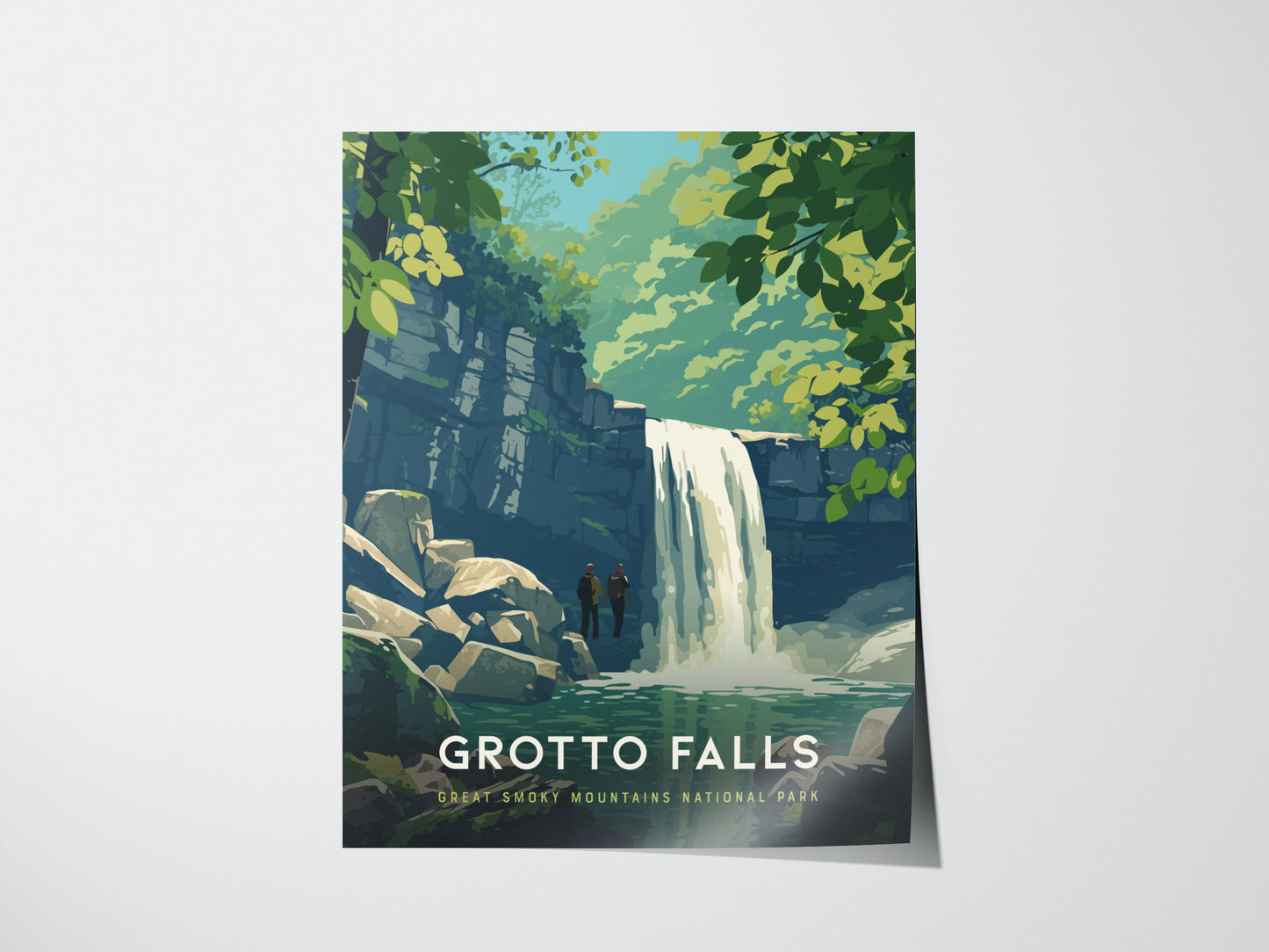 Illustrated poster of Grotto Falls, featuring a waterfall cascading over rocks surrounded by lush greenery. Two silhouetted figures stand by the pool, with text Grotto Falls and Great Smoky Mountains National Park at the bottom.