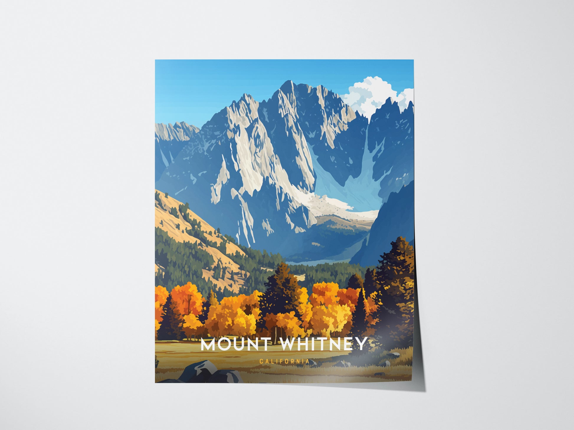 A vibrant poster of Mount Whitney featuring towering granite peaks and autumnal trees against a clear blue sky. The text Mount Whitney, California is visible at the bottom.