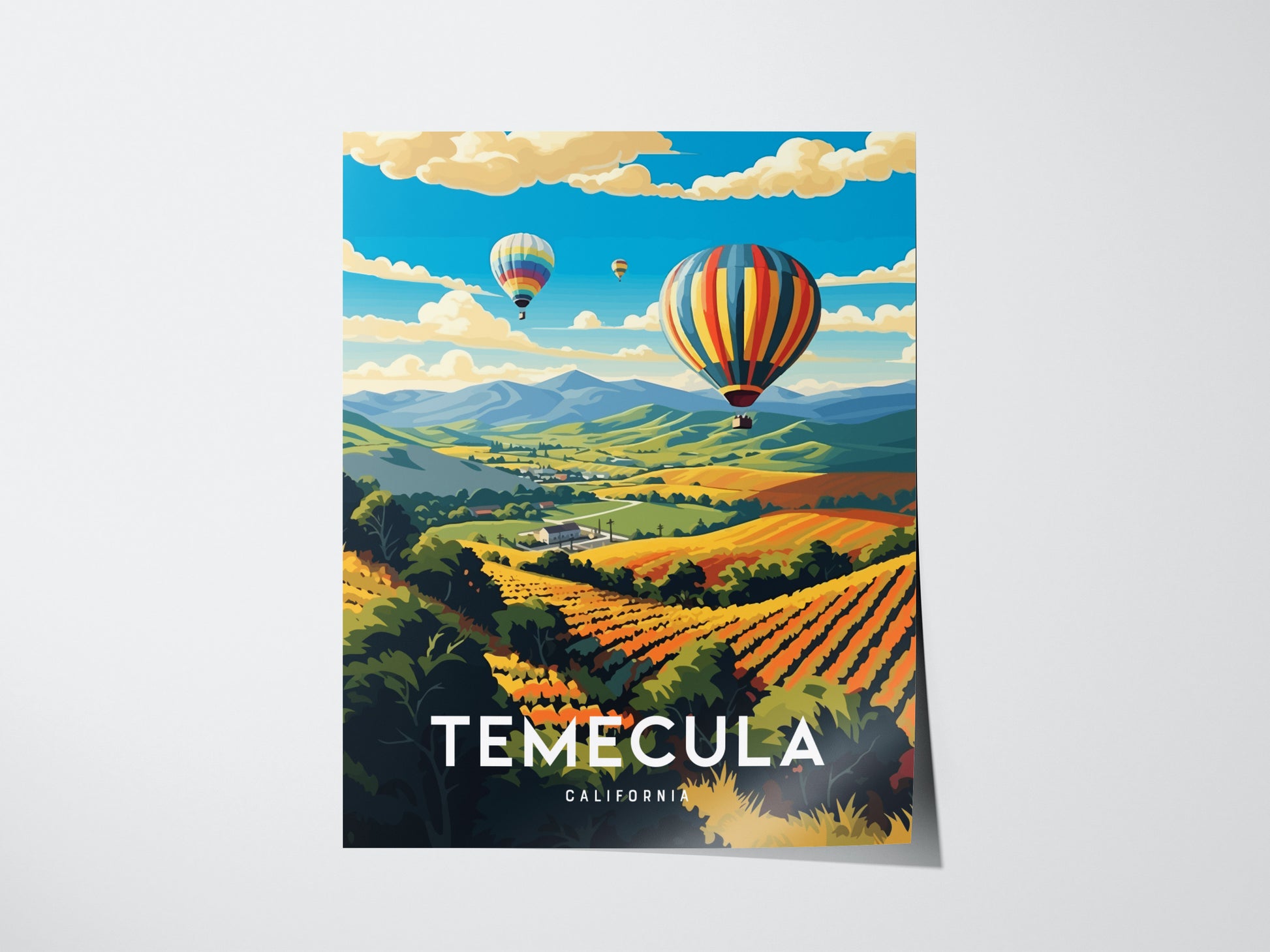 Colorful hot air balloons float above rolling vineyards and sunlit hills in a vibrant illustration of Temecula, California. The scenic landscape captures the essence of wine country.