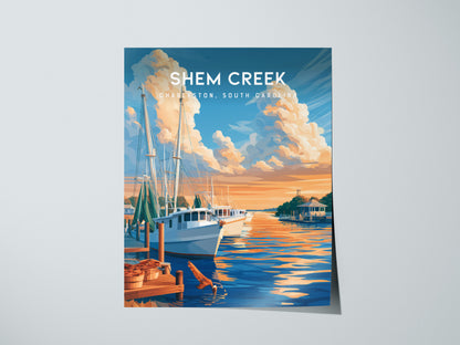 Shem Creek, Charleston, South Carolina Poster | Shrimp Boats & Marsh Sunset Wall Art — giclée print detail on matte paper