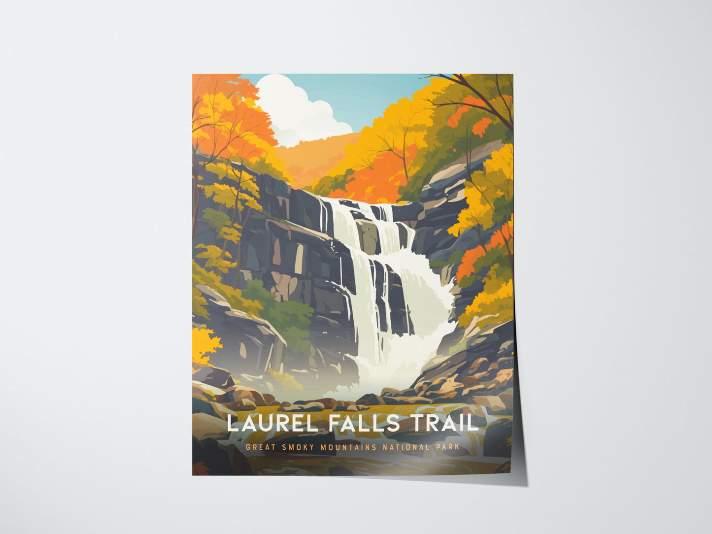 A vibrant poster of Laurel Falls Trail depicts a cascading waterfall surrounded by autumn foliage in the Great Smoky Mountains National Park, with text at the bottom.