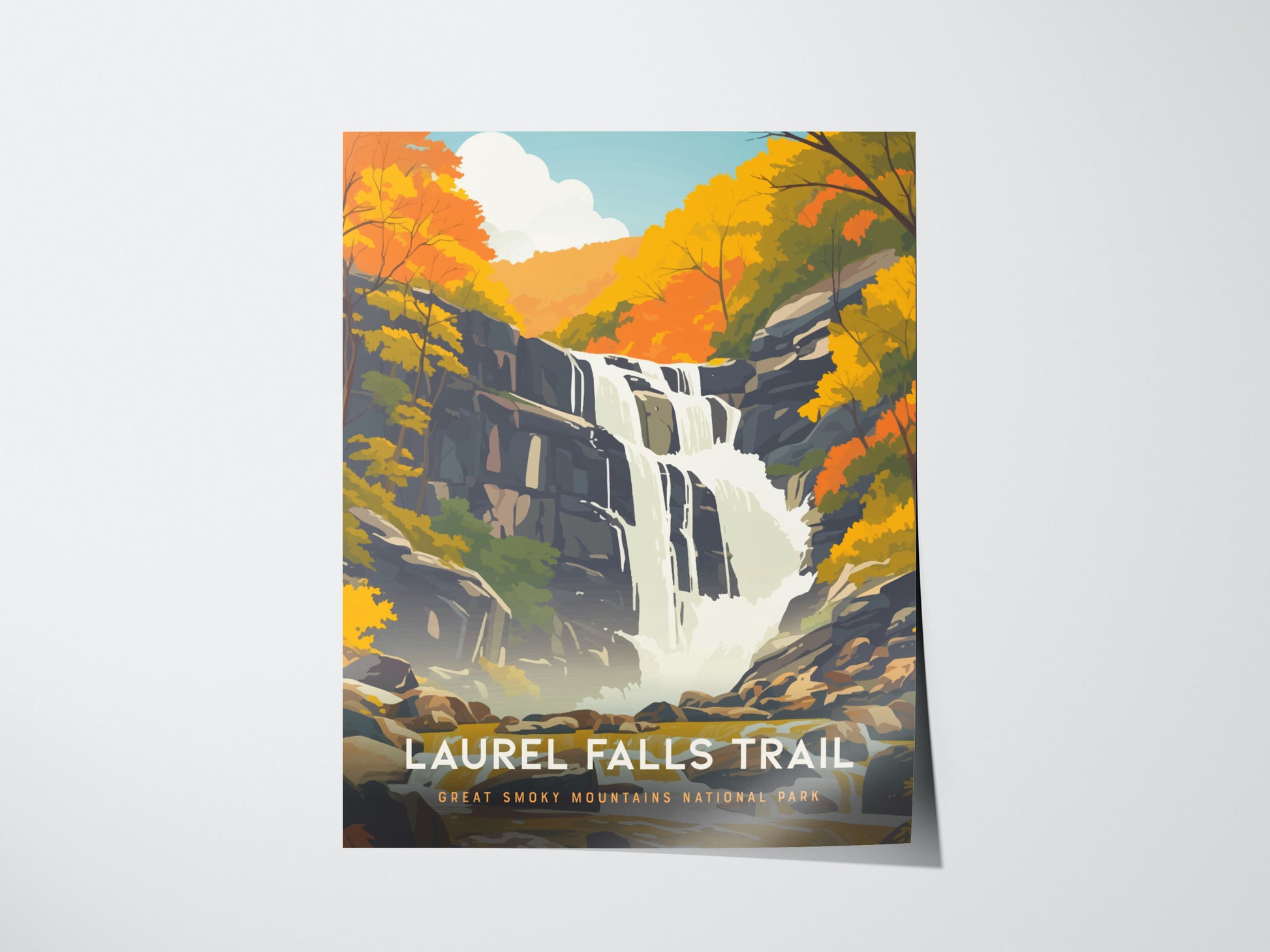 A vibrant poster of Laurel Falls Trail depicts a cascading waterfall surrounded by autumn foliage in the Great Smoky Mountains National Park, with text at the bottom.
